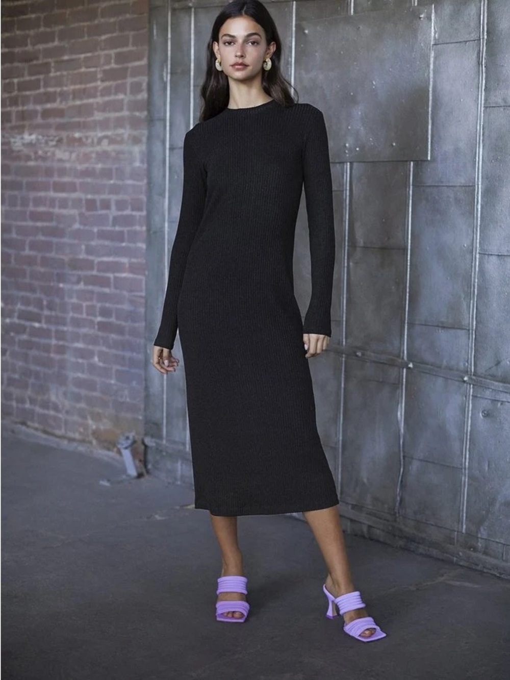 Velvet by Graham & Spencer Ember Long Sleeve Black Ribbed Midi Dress